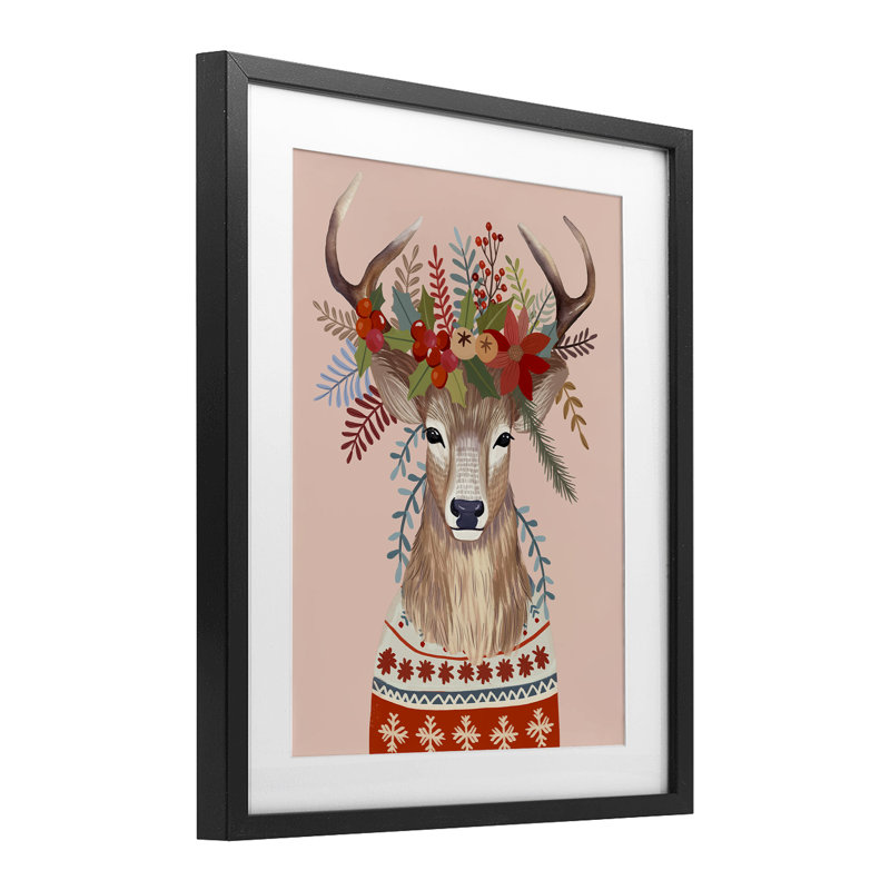 «Festive Berries Reindeer», reproduction encadrée sous verre, design par Mia Charro, H 16 po x l 13 po, Cadre noir minuit