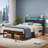 Upholstered Industrial Style Full Size Metal Platform Bed with Adjustable Headboard and Charging Station, brown finish