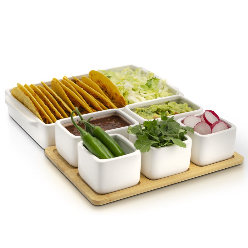 Ensemble de 7 assiettes à condiments avec plateau en bambou, céramique