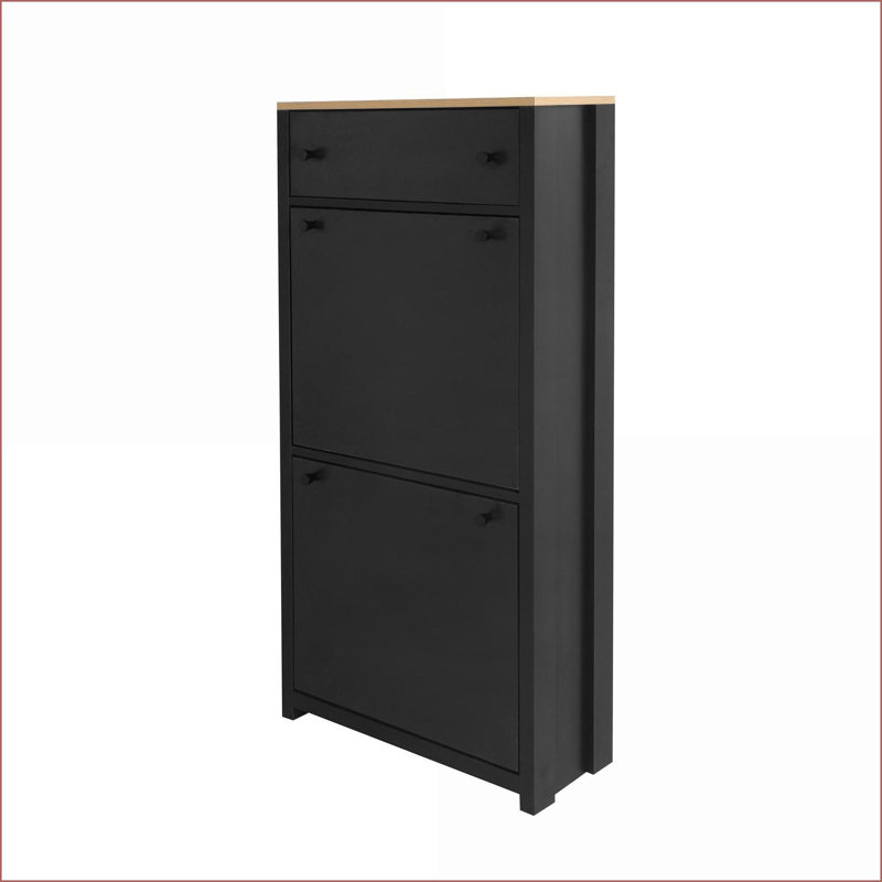 Shoe Cabinet with Adjustable Flip Drawers, Wood Grain Top &amp; Extra Storage Drawer | Black | Contemporary, Black