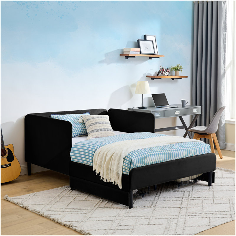 Full Size Upholstered Platform Bed Frame With 2 Storage Drawers, Adjustable Velvet Sofa Bed, Black, Full, Black