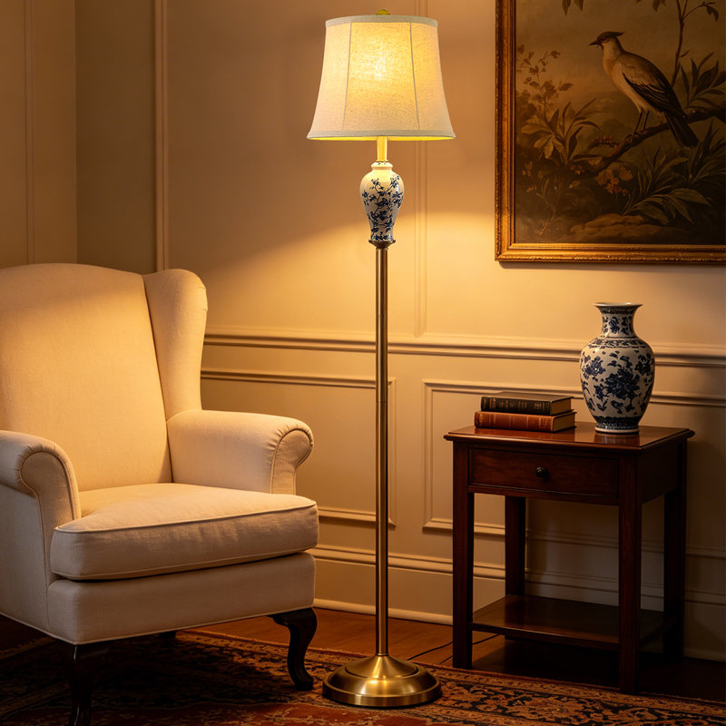 Lampe sur pied 63 "en porcelaine à motif floral et oiseaux 63" avec base en céramique ivoire et abat-jour en lin