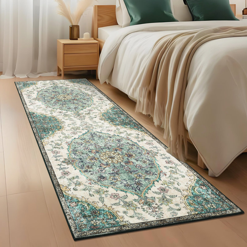 Vintage Machine Washable Bedroom Rug, Non-Slip Non-Shedding Low-Pile Dining Room Rug, Soft Rug for Living Room
