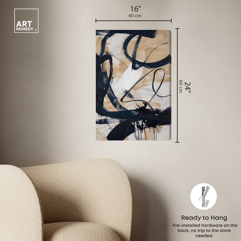 Flowing Abstract Shapes Beige and Black Canvas Wall Art, 16" x 24"