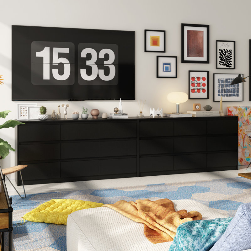 Commode double en bois manufacturé et solide 18 tiroirs Janeiya , Noir