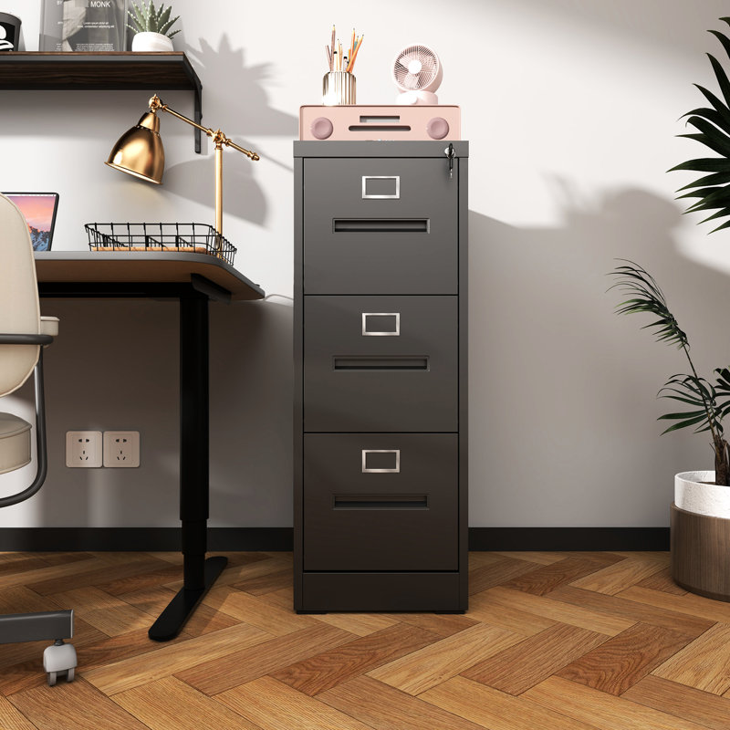 Classeur à 3 tiroirs en métal avec serrure, capacité de format lettre A4, utilisation dans un bureau, organisation à surface lisse, glissières silencieuses