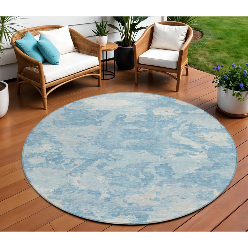 Tapis extérieur rond lavable abstrait bleu ciel et bleu denim 8 pi