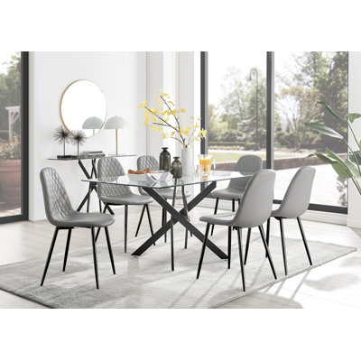 Lenworth Black Metal and Glass Rectangular Dining Table Set with 6 Luxury Faux Leather Chairs