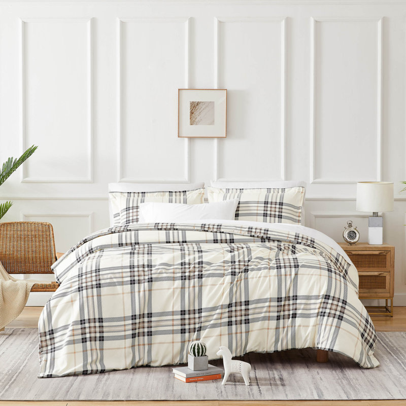 Vilano Plaid Oversized Microfiber Duvet Cover Set by Southshore Fine linens, Full/Queen Duvet Cover + 2 Standard Shams, Tofu