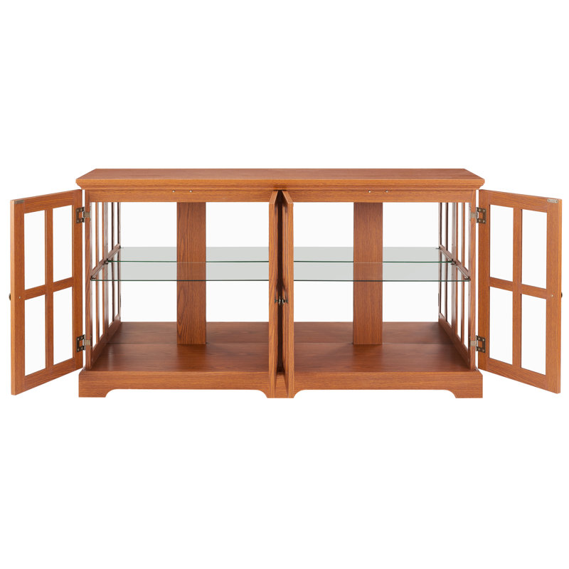 Antique Dark Oak Glass Display Case With Grid Doors, Adjustable Shelves, And - Enabled Led Lights For Home Interior Cabinet Style Base, Remote Controlled Decor