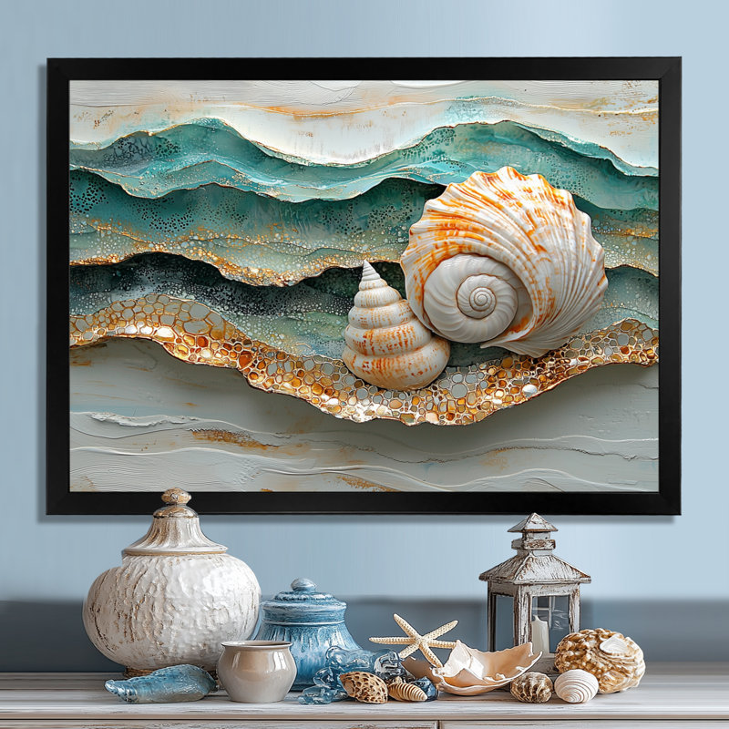 Coquillage et sable émeraude II - art mural bord de mer, H 24 po x l 32 po, Cadre flottant, Noir