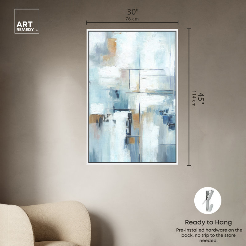 Large Blue and White Abstract Canvas Wall Art with Wooden Frame