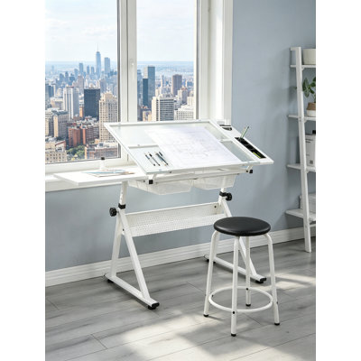 Adjustable Tempered Glass Drafting Table With Stool & Storage Drawers