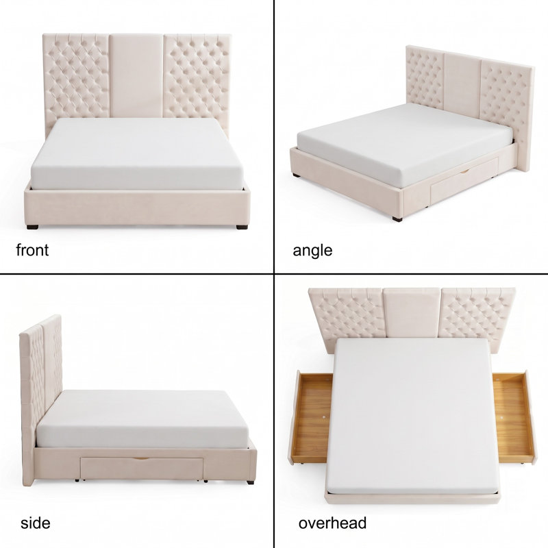 Contemporary Glam Extra-Tall Tufted Velvet Upholstered Platform Bed with Storage Drawers, King, Cream , King, Cream