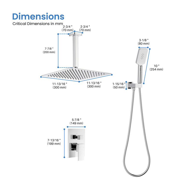 Système de douche cubique à pression équilibrée 2 fonctions avec valve brute, Chrome
