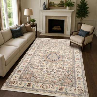 6'3''x9'3'' Hand Knotted Wool & Silk Ivory Nain Traditional Plush Pile Rug
