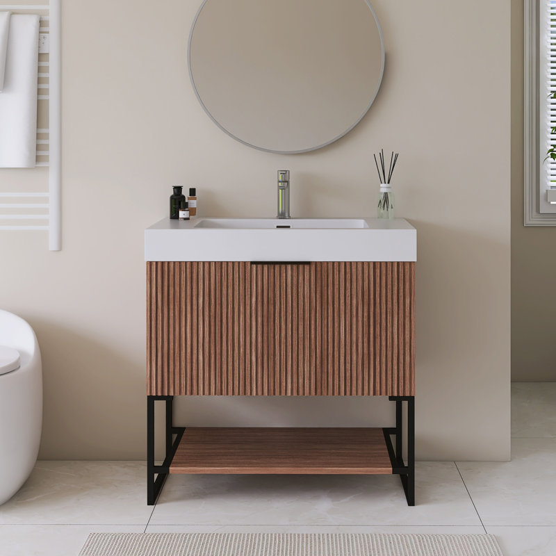 Meuble-lavabo simple autoportant 30 po en noyer avec surface intégrée