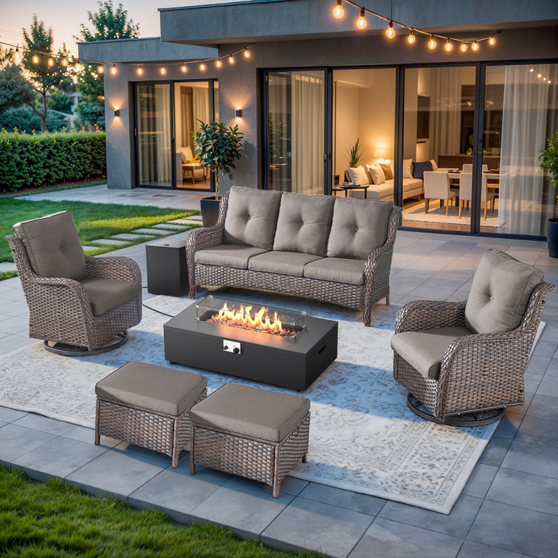 Deeomninia 6-Piece All Weather Wicker Patio Conversation Set With Swivel Gliders, Split Fire Pit Table And Ottomans