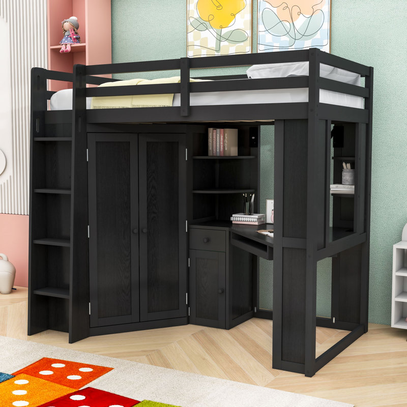 Lit mezzanine simple avec poste de travail, garde-robe et station de charge, Noir