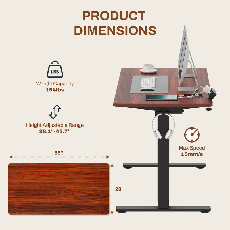 Bureau debout ajustable, bureau entier, Acajou / Noir, L 55 po x P 28 po