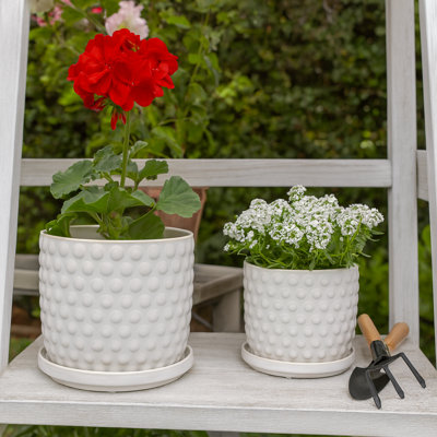 Embossed Ceramic Planters with Saucer For Indoor & Outdoor Use - Textured Flower Pots Home Accent for Living Room & Patio Décor - White