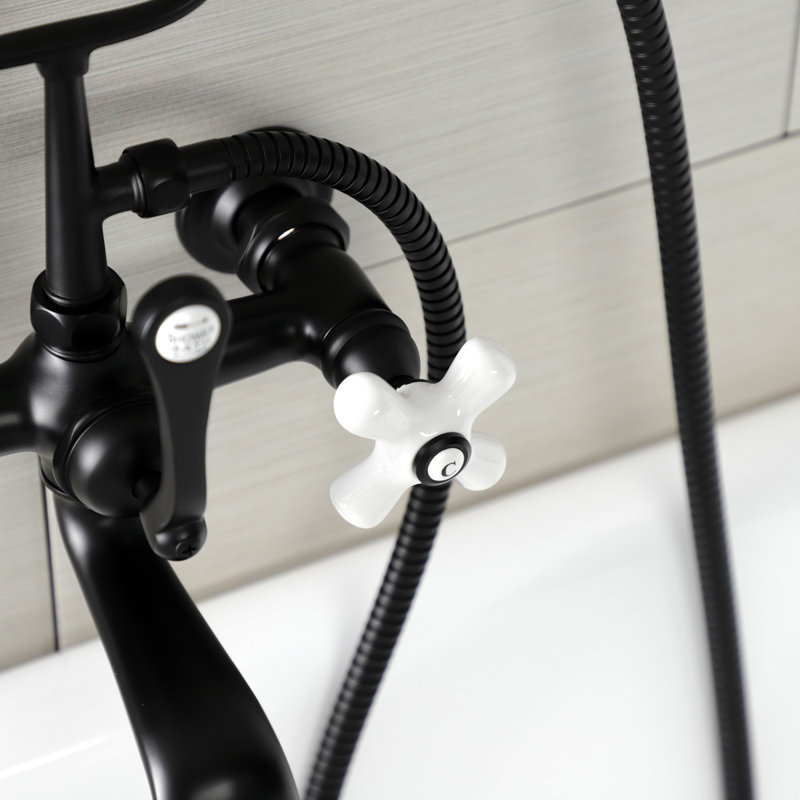 Kingston Brass Aqua Vintage Three-Handle 2-Hole Tub Wall Mount Clawfoot Tub Faucet with Hand Shower, Matte Black