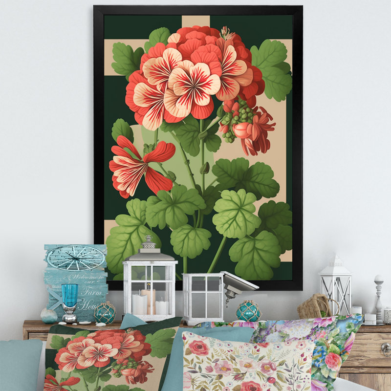Fleur de géranium en fleurs rétro V - art mural sur toile florale, Impression noire sur toile encadrée, L 12 po x H 20 po