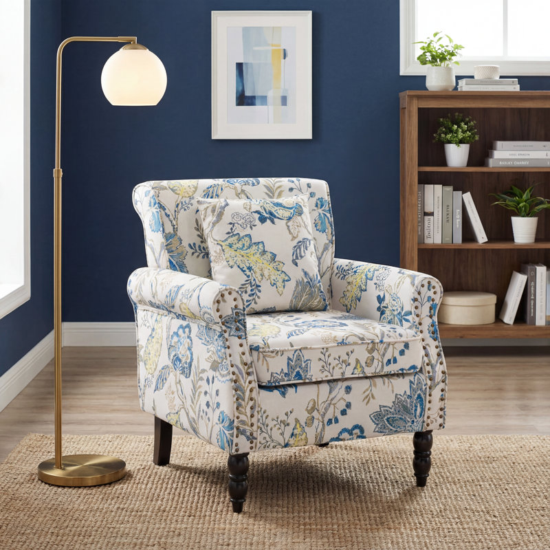 Vintage Floral Upholstered Armchair With Rolled Arms And Wooden Legs, Ivory Blue Botanical
