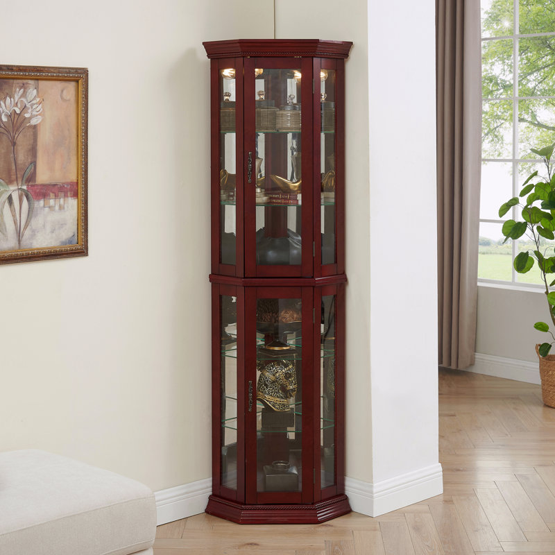Display Cabinet, Glass, Corner With Lights, Adjustable Tempered Shelves, Mirrored Back
