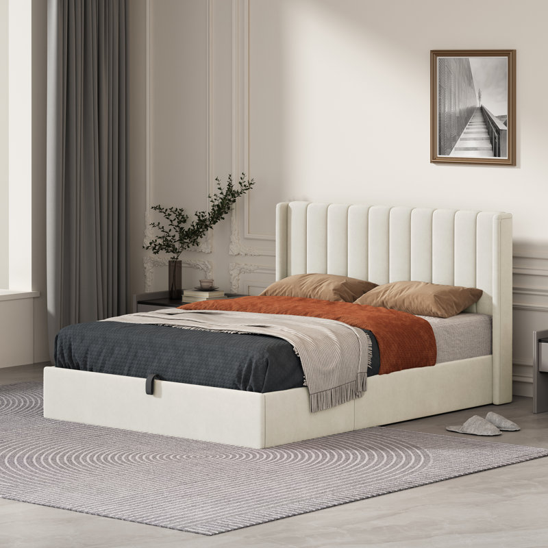 Daizia Lift Up Storage Platform Bed with Wingback Headboard, Queen, Cream