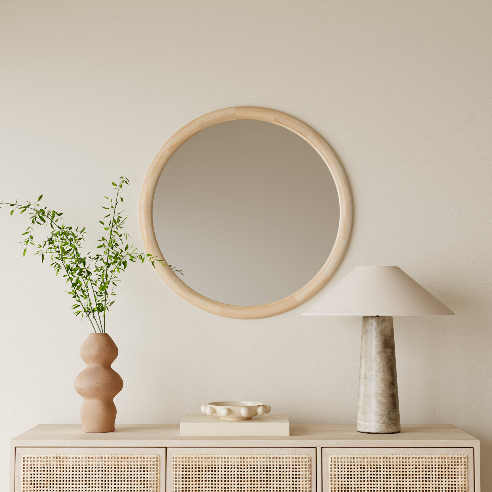 Breezewood Wooden Round Bathroom Wall Mirror, Natural