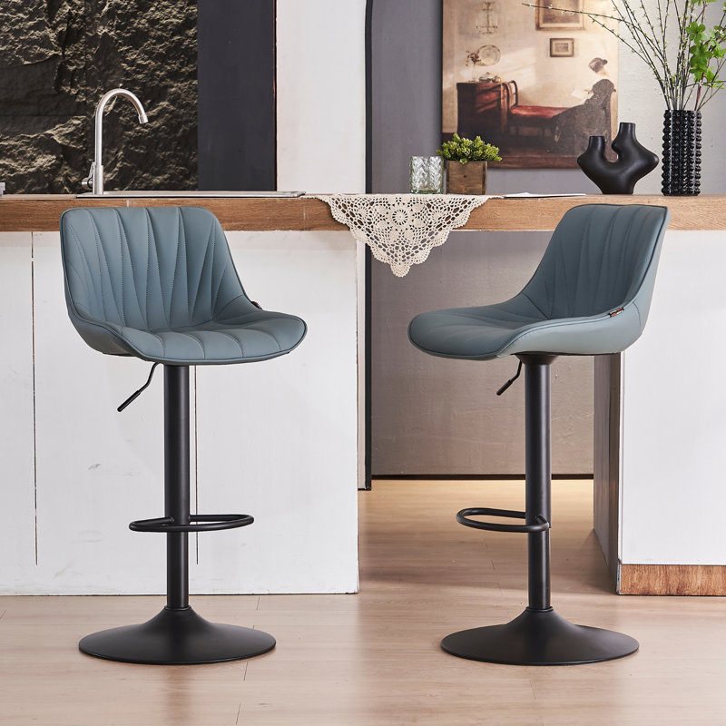 Modern Height Adjustable Swivel Bar Stools Upholstered Leather Barstool Kitchen Island Chairs With Metal Frame, Grayish Green