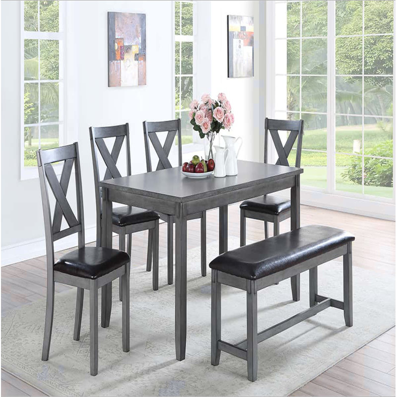 Mobilier de salle à manger décontracté moderne 6 pièces table de salle à manger 4 chaises d'appoint et un banc en bois d'hévéa et placages de bouleau gris