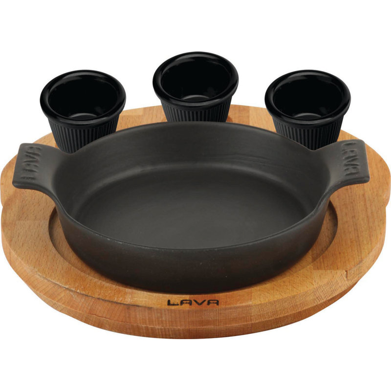 Plat de service rond en fonte émaillée Lava de 7 po avec plateau de service en bois de hêtre