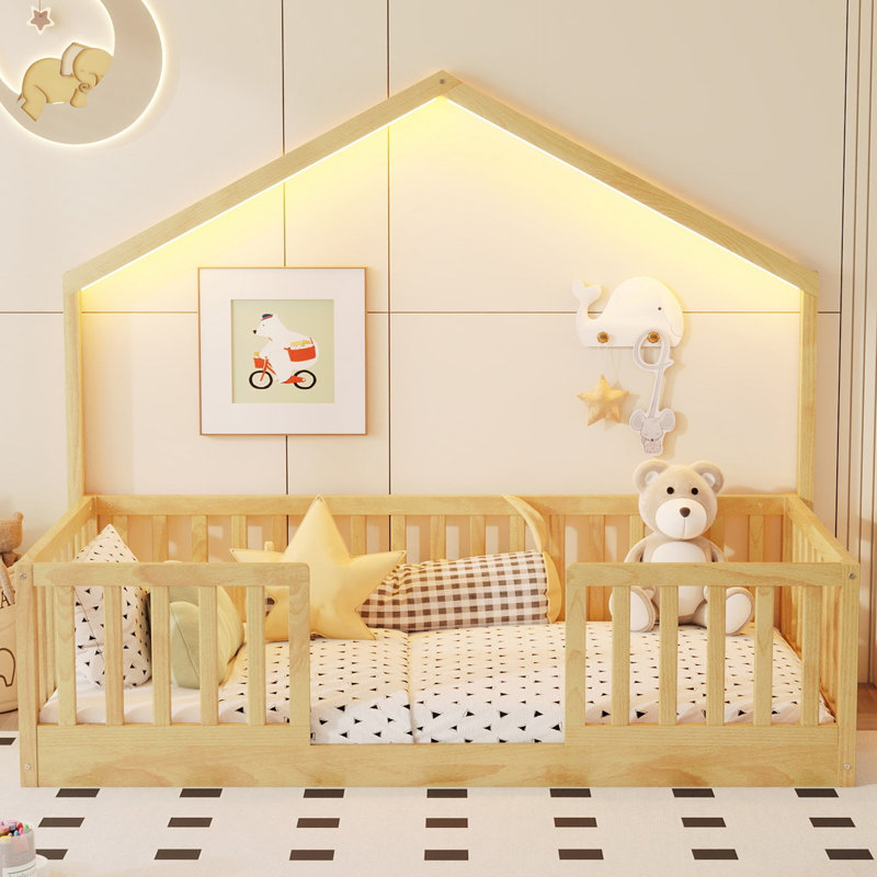 Lit simple au sol avec rails hauts, Naturel, Lit simple