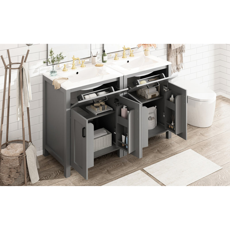 Meuble-lavabo moderne de 48 po comprenant un lavabo en céramique, une structure en bois massif et une tablette réglable en forme de U pour un lit double Essentials avec double lavabo, fonction silencieuse à fermeture en douceur, articles de toilette à tiroir rabattable