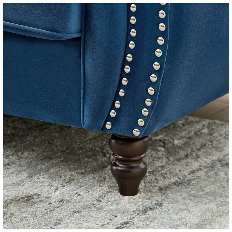 Canapé Chesterfield en tissu d'ameublement en velours avec accoudoirs roulés, têtes de clou, design moderne Mid-Century pour le salon et le bureau