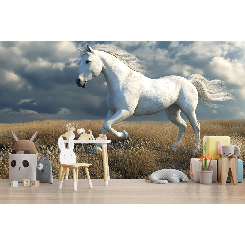 Papier peint cheval blanc - Étalon majestueux courant dans un champ pour chambre à coucher ou chambre de bébé