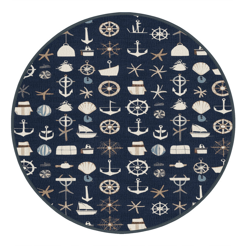  Washable Maritime Icons Medley Coastal Area Rug, Round 6'