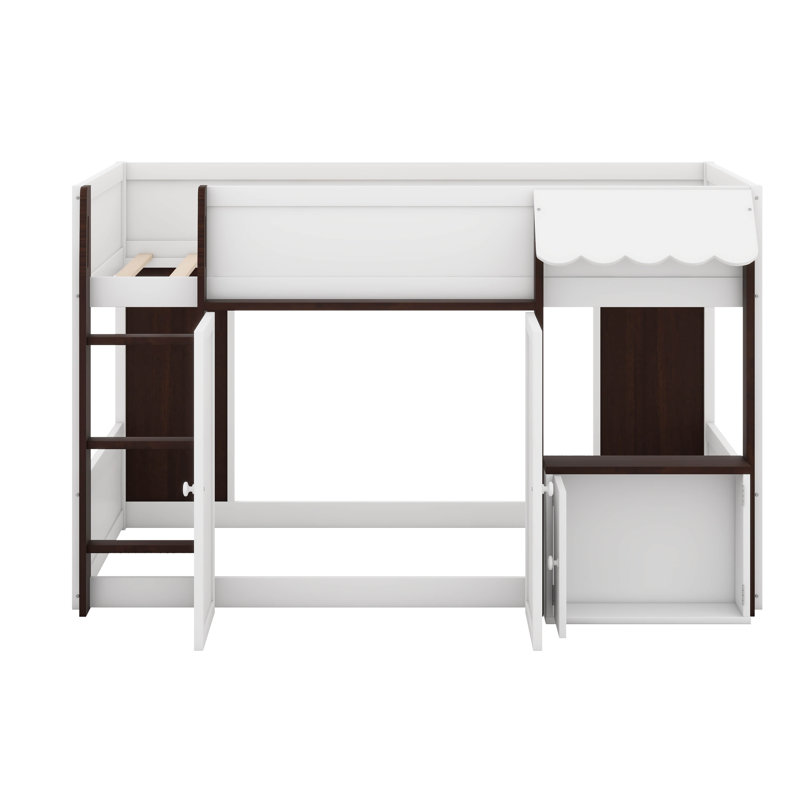 Lit mezzanine double avec maisonnette et rangement, Blanc / Espresso