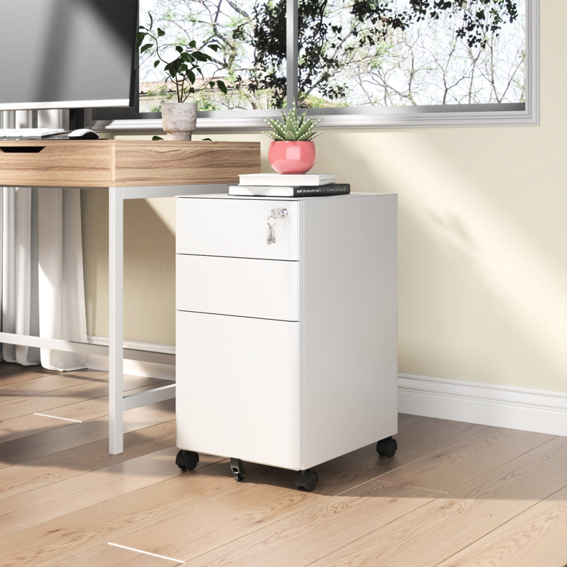 Classeur mobile blanc à 3 tiroirs avec serrure, rangement tout en métal sur roulettes, aide de bureau, deux tiroirs peu profonds et un tiroir profond, entièrement assemblé, 110 lb / tiroir, installation rapide pour l'organisation en blanc, en métal, sur roulettes