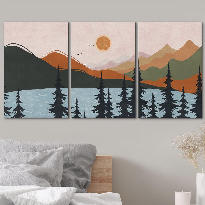 Sun Mountain Landscape " Pine Tree Forest Mountain River " 3 - Pieces, 24" H x 48" W x 1.5" D, Wrapped Canvas