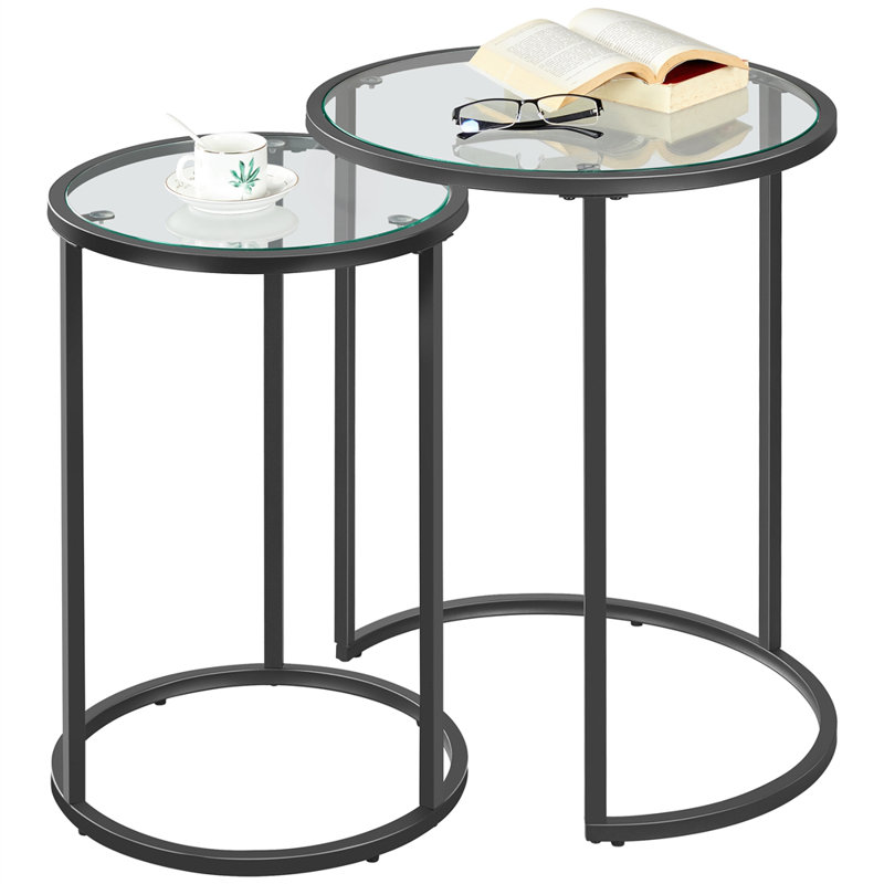Baina 23.5"H Round Nesting End Table Set with Metal Frame, Black