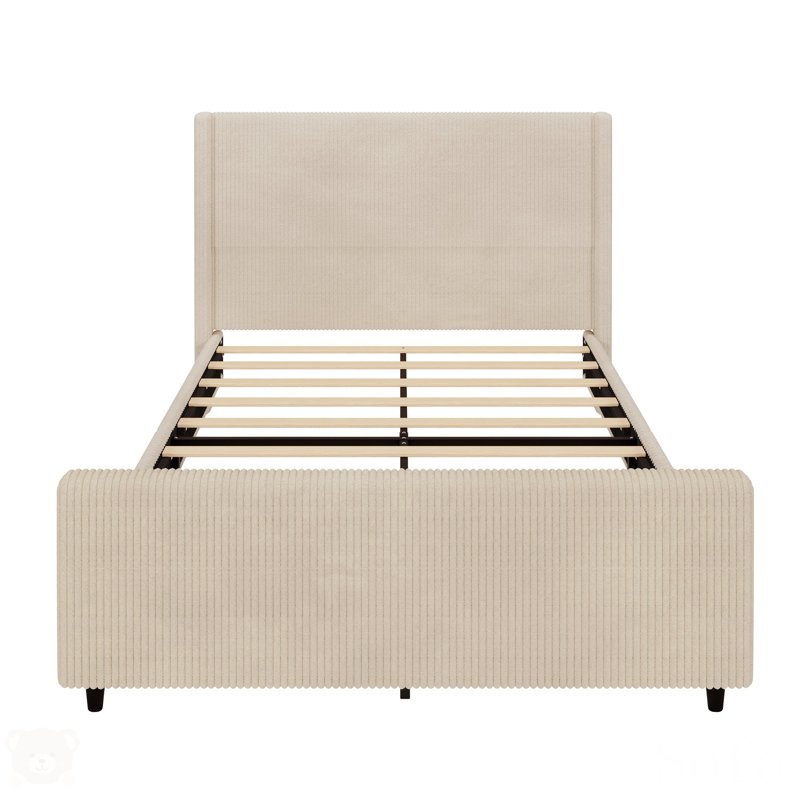 50.7'' High Headboard Corduroy Upholstered Bed Frame With Vertical Stripe Wingback And High Footboard No Box Spring Needed