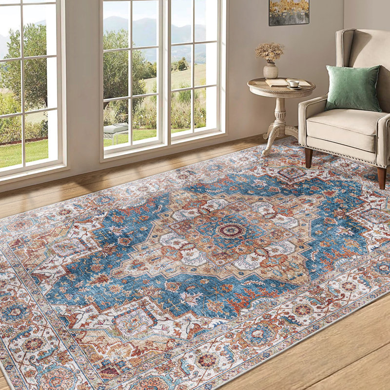 Area Rug 5x7 Vintage , Washable Non-slip For Bedroom, Living Room, Home Office With Blue/yellow Floral Pattern Machine Florals