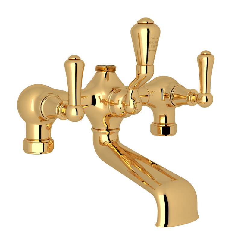 Georgian Era Triple Handle Deck Mounted Clawfoot Tub Faucet, English Gold, Metal Lever Handle