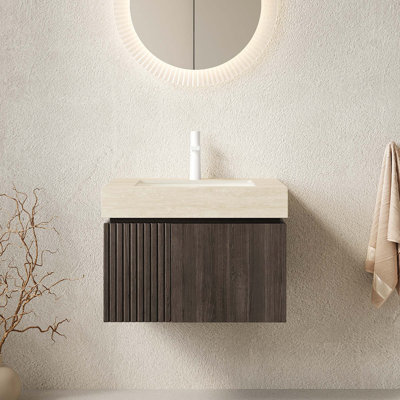 Meuble-lavabo flottant avec comptoir en pierre travertin et lavabo en céramique Roma