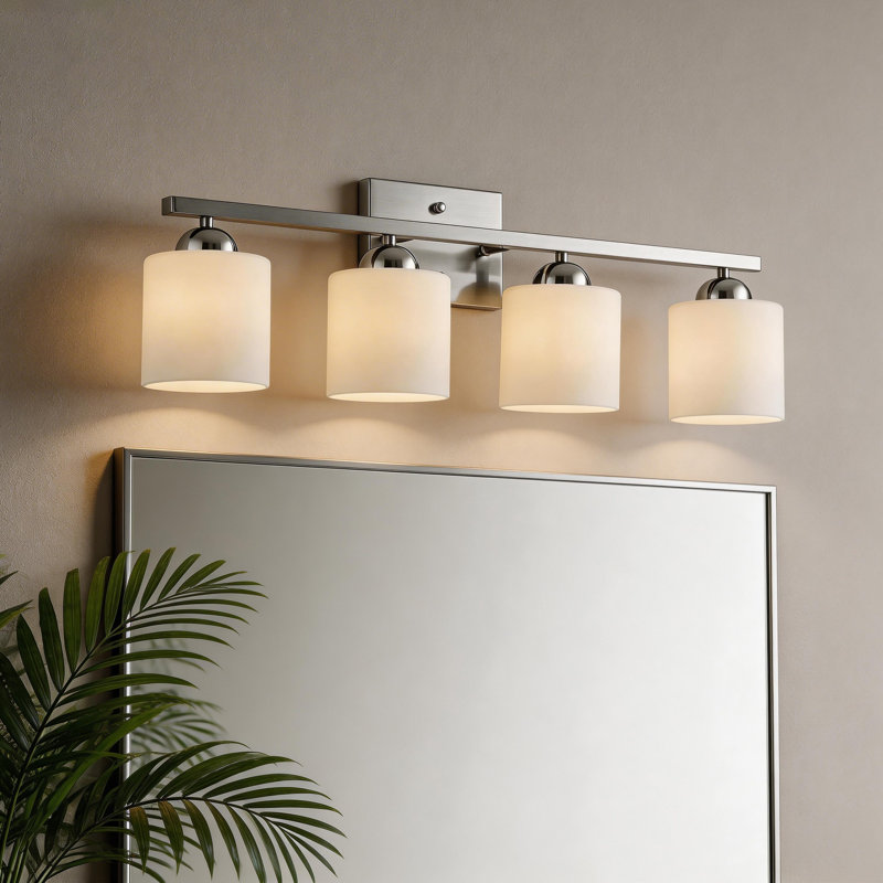 Luminaire de salle de bain 4 lumières avec abat-jour en verre opale, Nickel brossé, 4