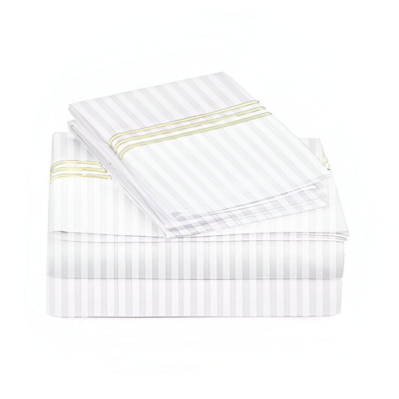 400TC Triple Embroidery Sateen Stripe Cotton 4 Piece Sheet Set Fitted Sheet Fits Upto 16" Deep Pocket, Queen Sheet Set
