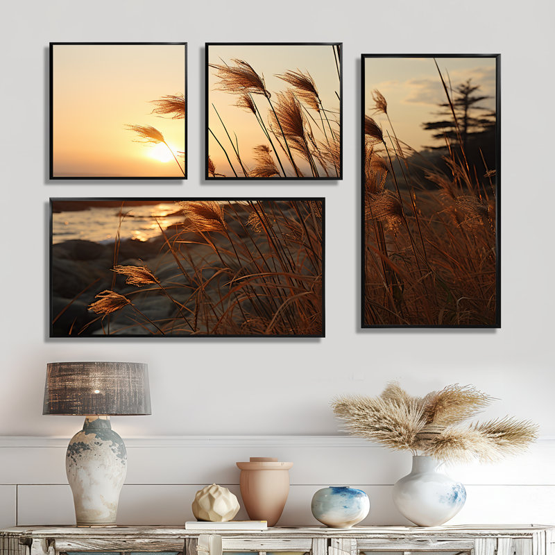 Beach Breeze At Sunset II - Large Coastal Beach, art mural sur toile 4 panneaux, Impression encadrée sans passe-partout, Noir